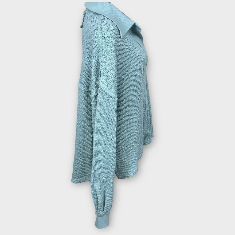 Free People We The Free Knit Catch Waves Hacci Blue Collar Top Sweater‎ Size M